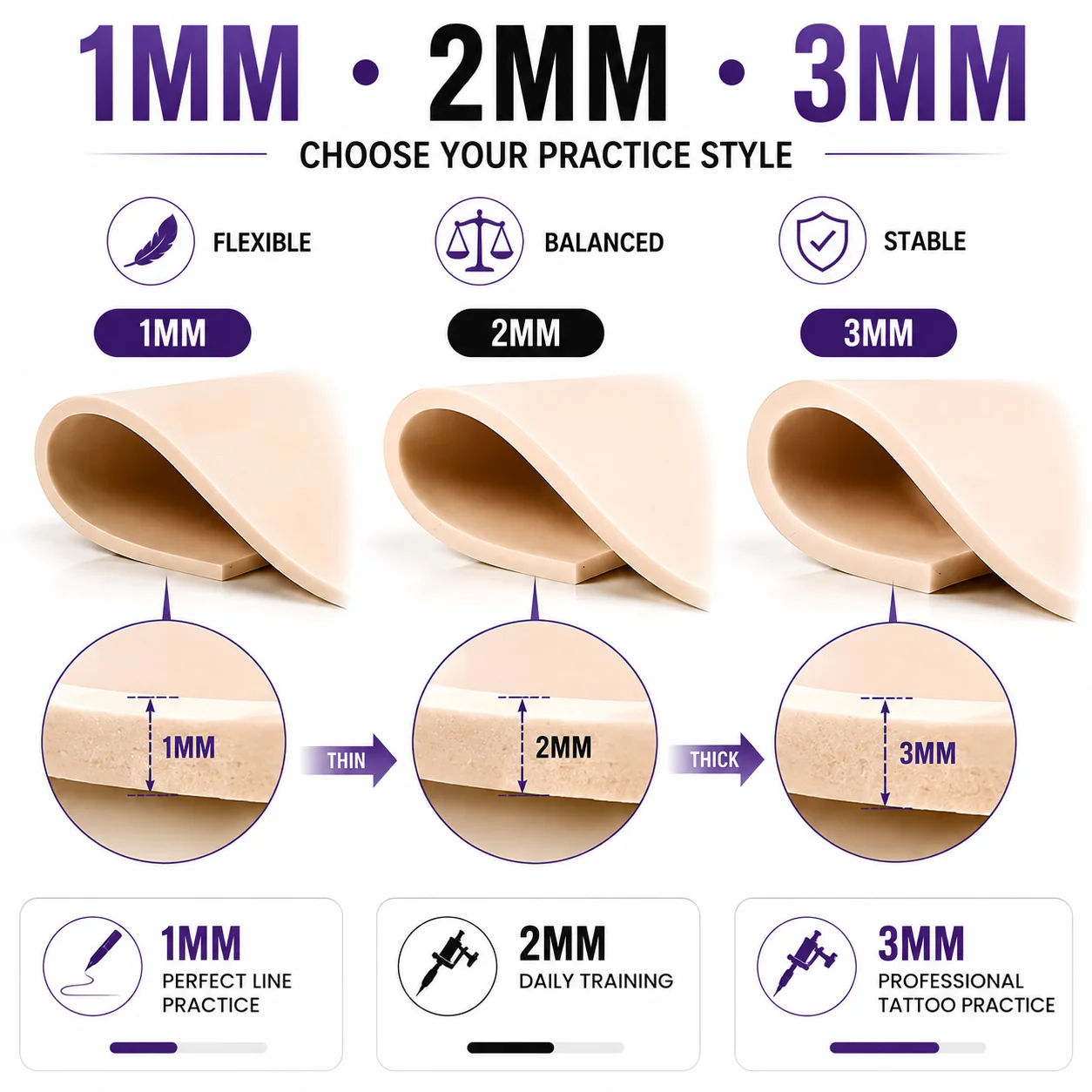7 Sizes Tattoo Practice Skin Silicone Fake Skin Double-Sided Synthetic Leather Permanent Makeup Tattoo Beginner Training Skin
