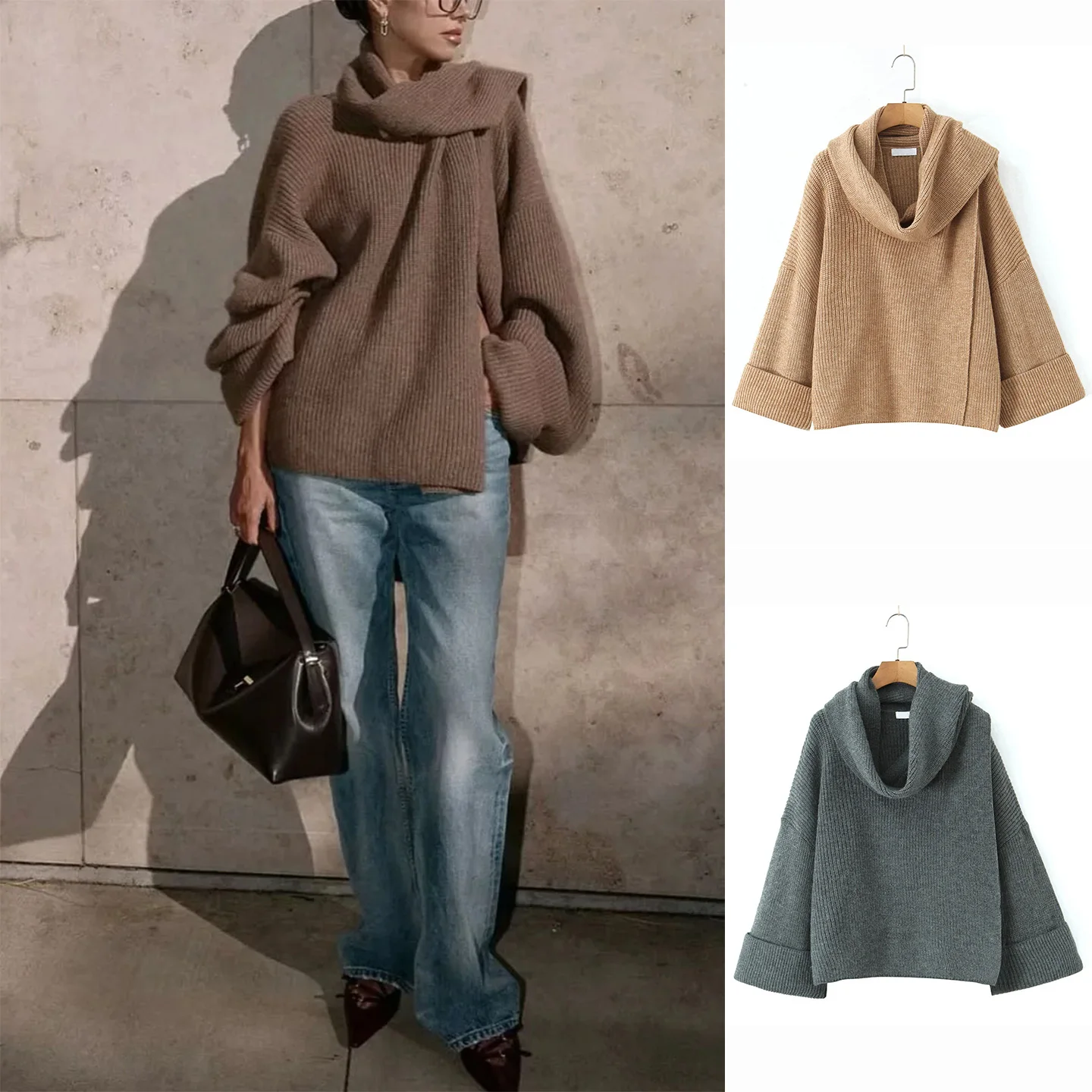 

Loose Knitted Scarf Sweater Lazy Sle Women's Autumn 2025 Faion Vintage Design Casual Open Cardigan Top Polyester Fiber