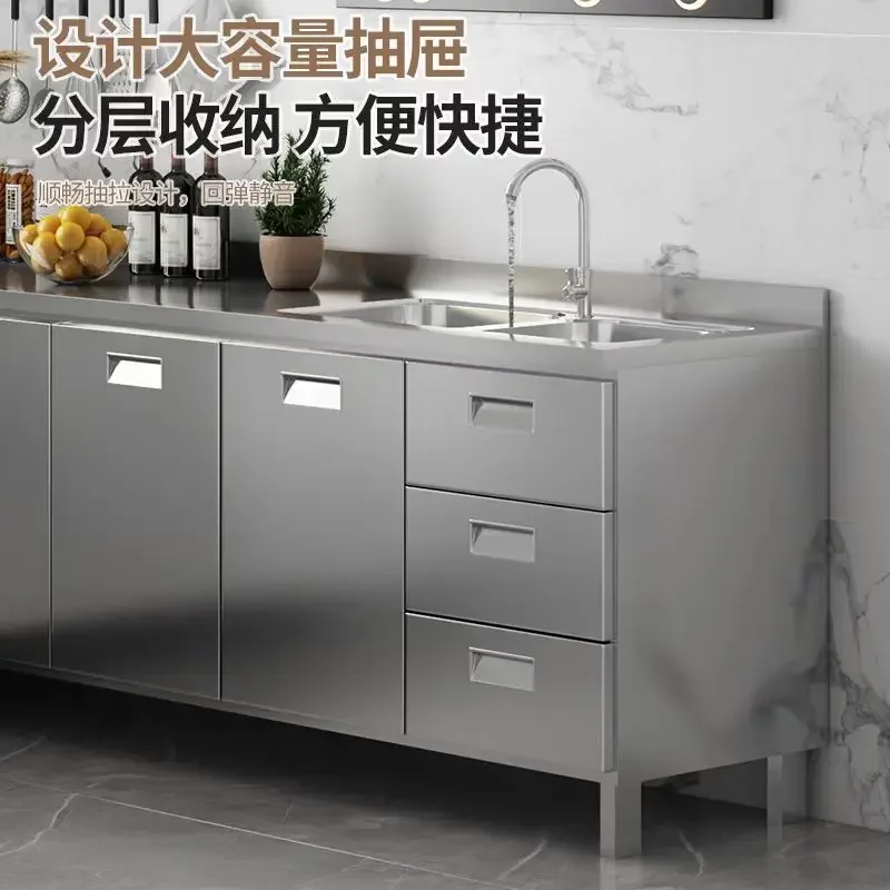 304 stainless steel kitchen cabinets, simple stove integrated, household and rural storage
