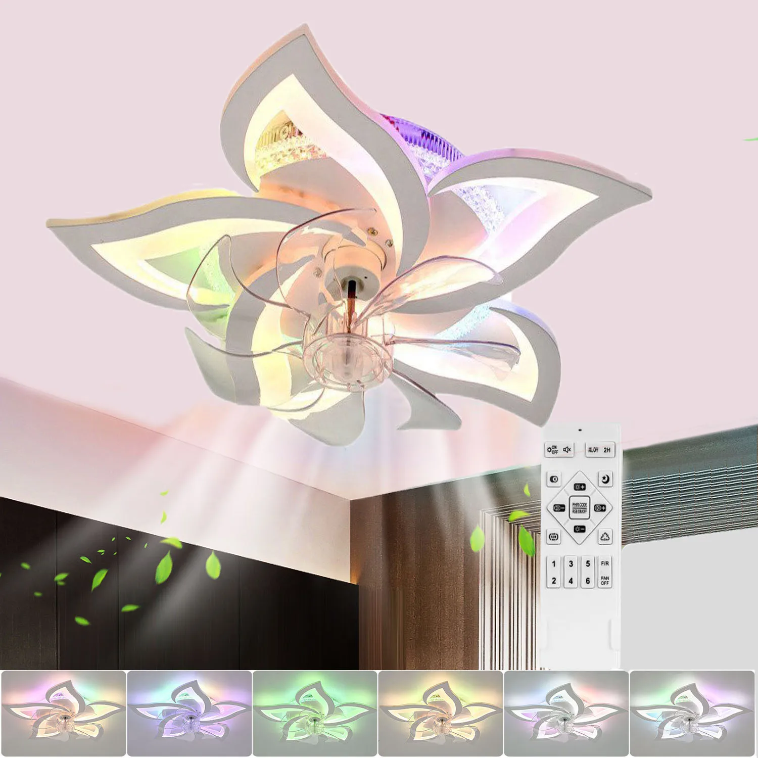 Ventilatore da soffitto silenzioso a forma di fiore da 50W con illuminazione, lampada da soffitto a LED con ventilatore, ventilatore da soggiorno dimmerabile con telecomando