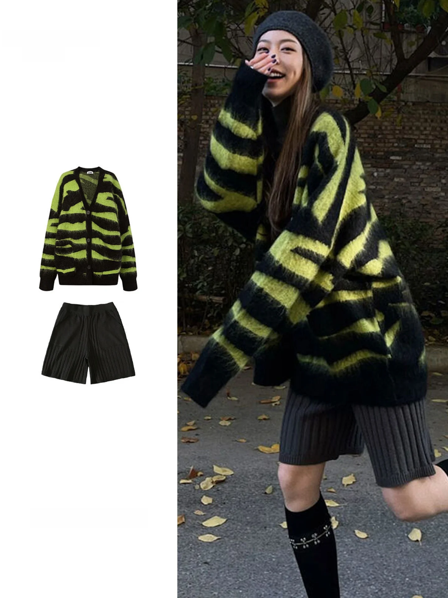 Large Size Green Striped Cashmere Sweater Women's Autumn Winter Casual V-Neck Color Block Knitted Cardigan Top Trendy