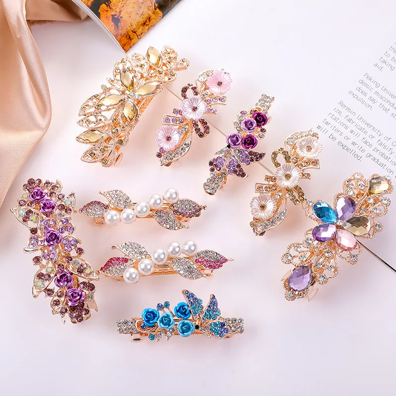 Crystal Floral Hairpin Girl Ladies Hairwear Jewelry For Women Rhinestone Alloy Hair Clip Party Barrettes Leaf AE024