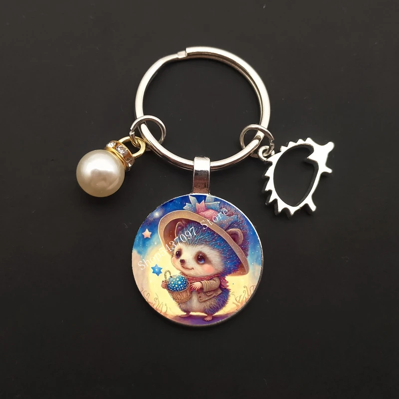 Cute Hedgehog Keychain Circular Glass Keychain Animal Keychain Women\'s and Men\'s Bags Car Accessories Creative Gift