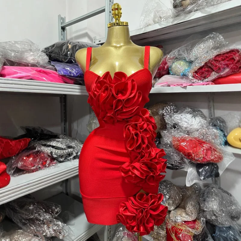 

2025 New Fashion BacklessVStrappy Slim Fit Floral Design Ruched Short Party Dress