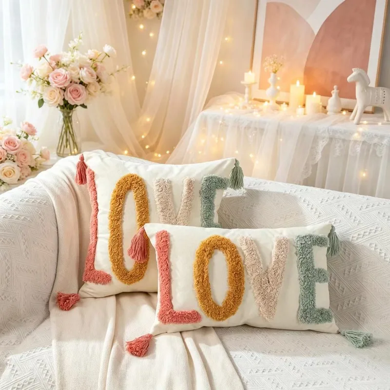 Romantic Tufted LOVE Cushion Cover Soft Canvas Letter Pillow Case with Tassels Decorative Throw Pillow Cover for Wedding Decor