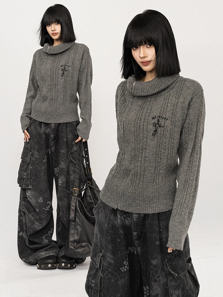 

OCTTFLAB Simple High Collar Zipper Knitted Sweater Women's ey Overhead Warm Plaid Autumn Winter Top Faion Ladies Knitwear