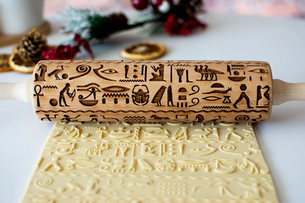 Arjmide Egyptian Hieroglyphs Embossing Rolling Pin with Pattern Cookies Decorating Roller Laser Engraved Rolling Pin For Baking