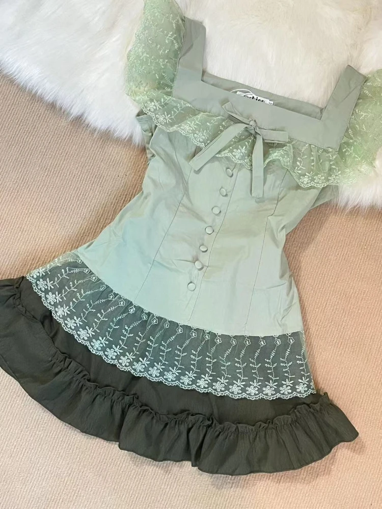 

French Sweet Matching Sets Square Collar Sleeveless Lace Bow Crop Tops+high Waist Mini Skirts Summer Female Slim Women Clothing