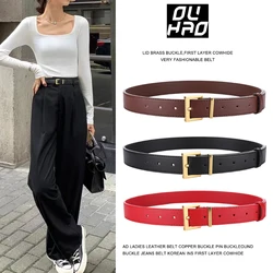 Trendy Niche Echt Leer Pin Gesp Damesriem Effen Kleur Zilveren Gesp Luxe Japon Jeans Brede Damesriemen