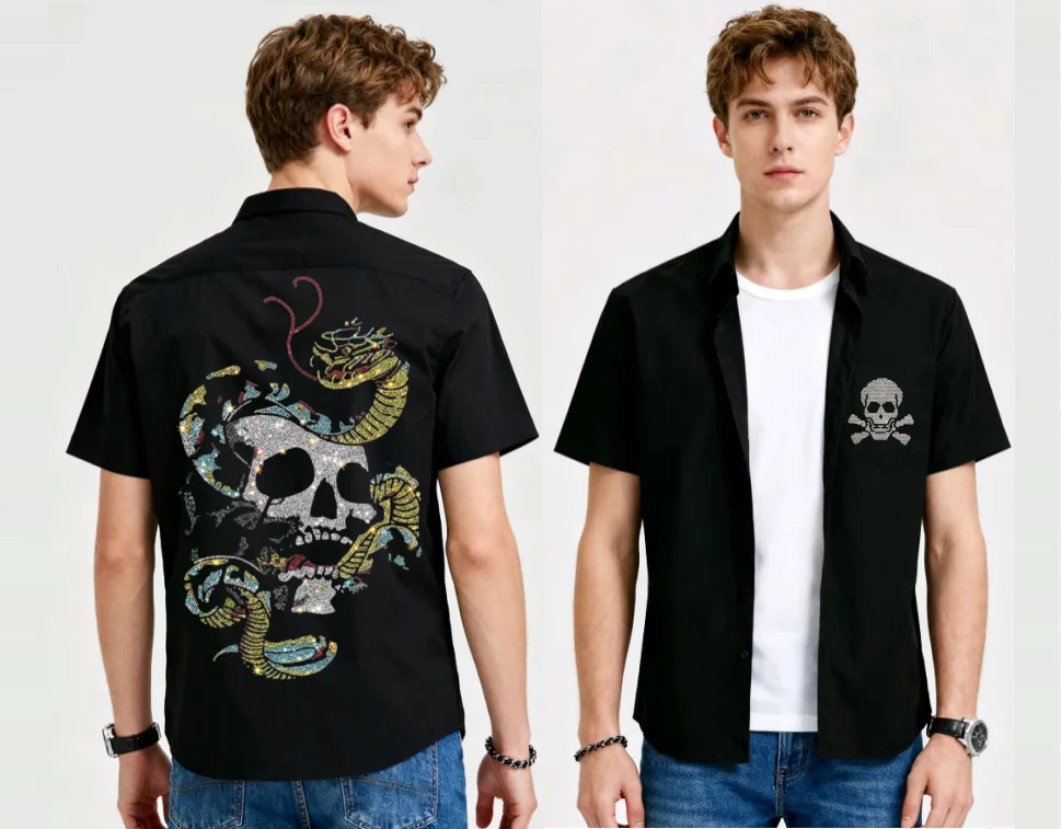 

Мужская рубашка с коротким рукавом со стразами, классический воротник, блестящие стразы, удобная посадка, подходит для повседневных мужских рубашек