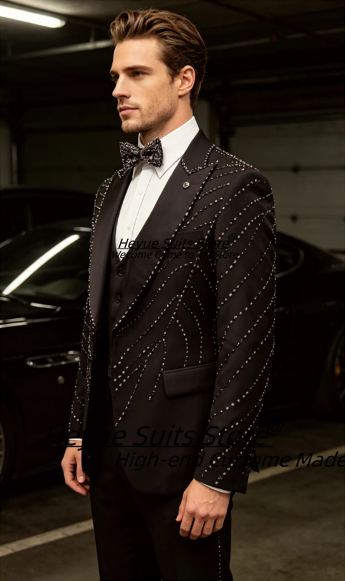 Luxurious  Silver Rhinestone Striped Beaded Wedding Groom Tuxedos Customized Slim Fit Peak Lapel 3 Pieces Sets Terno Masculino