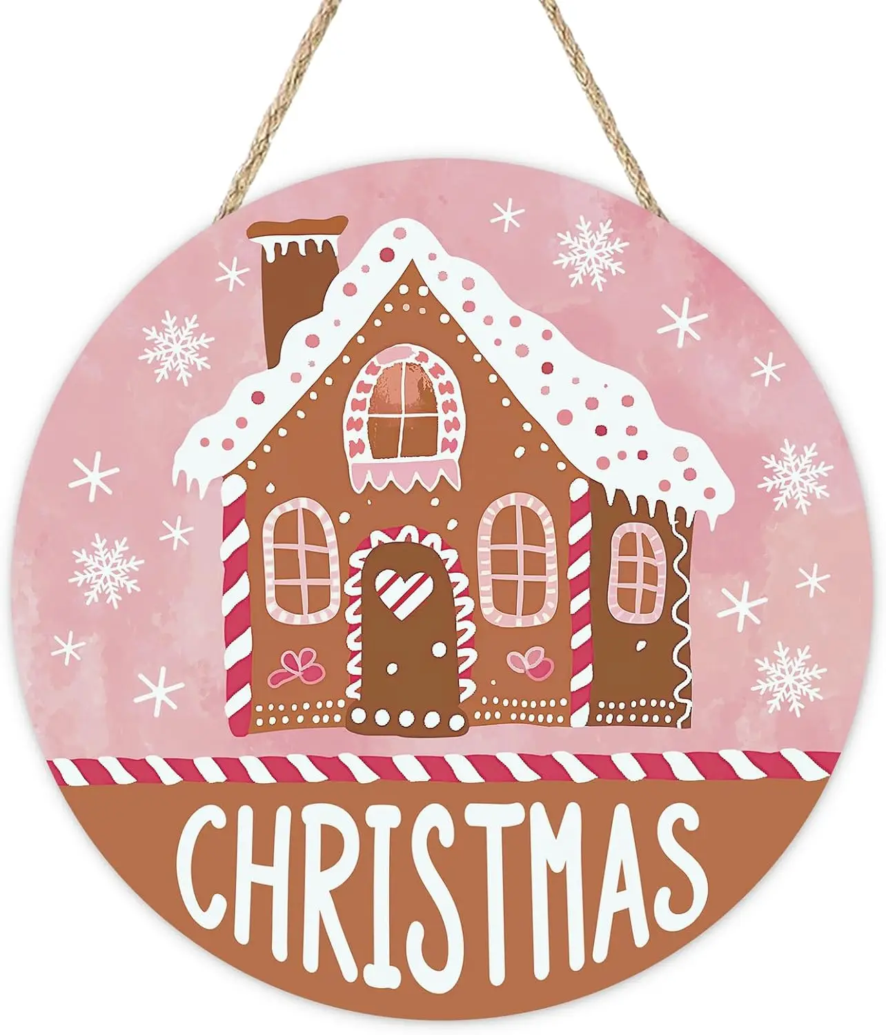 Christmas Door Sign, 12in Round Gingerbread House Holiday Wall Decor