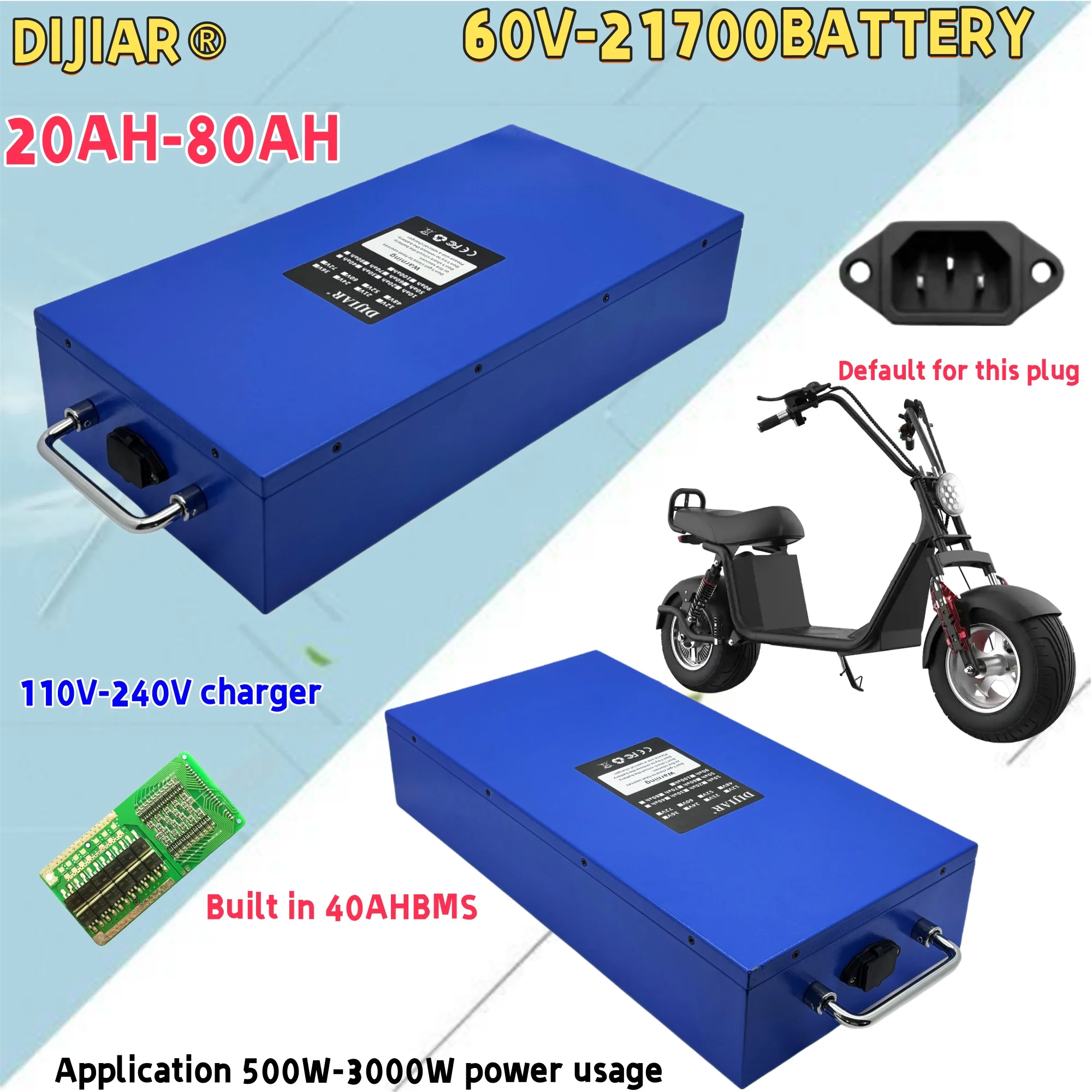 

21700 lithium-ion battery, new 20AH-80AH capacity, handle design, suitable for Harley electric vehicles below 3000W