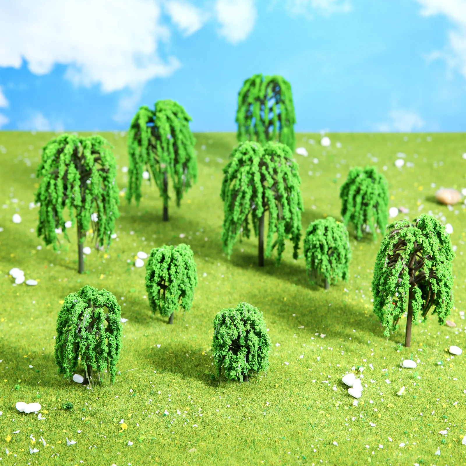 20Pcs 5/6/7.5/9.5cm Artificial Willow Tree Model Scenery Landscape Model Weeping Willow Tree for Train Scenery Landscape Layout