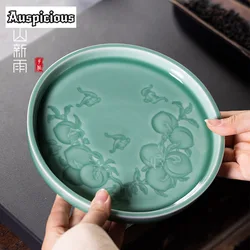 Handmade Relief Longevity Peach Pot Bearing Holder Handmade Celadon Pot Base Dry Brew Table Tea Tray Household Tea Services Gift