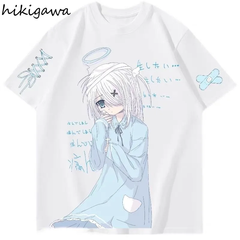 Japońskie Anime koszulki damskie z krótkim rękawem z okrągłym dekoltem letnie koszulki modne casualowe T-shirty urocze swetry typu oversize 2024