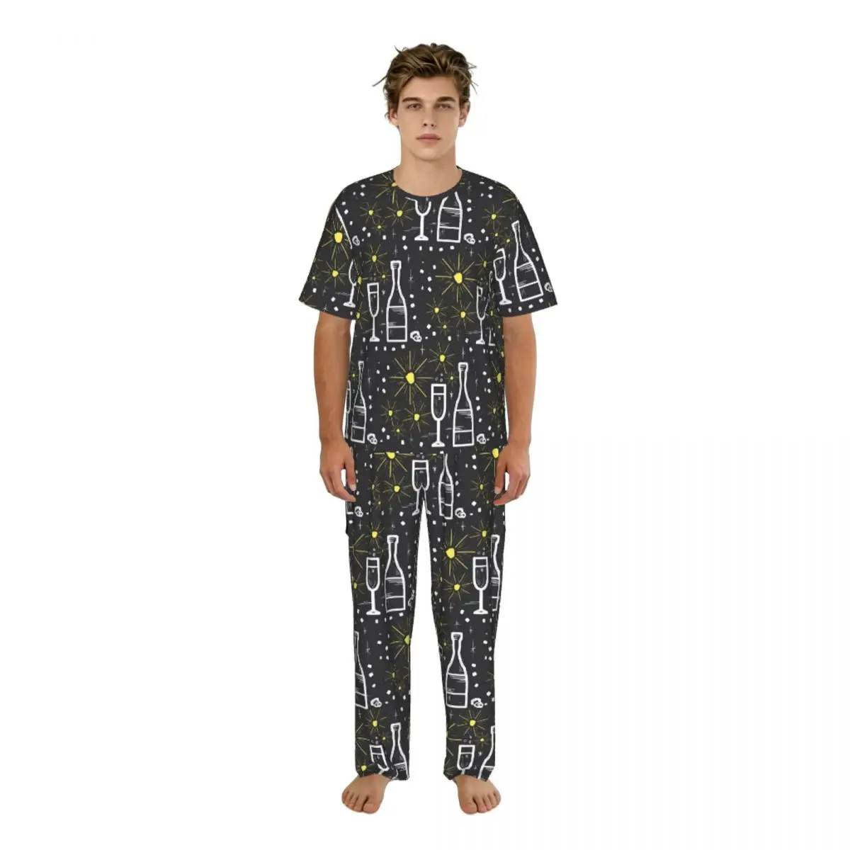 

Мужской пижамный комплект цвета шампанского с принтом звезд и чашек, с короткими рукавами, для весны и лета, домашняя одежда для сна, мужская ночная одежда
