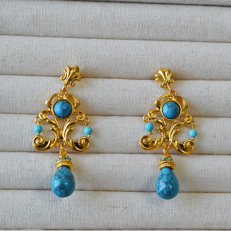 Golden baroque Byzantine turquoise elegant exaggerated long pendant earrings for women