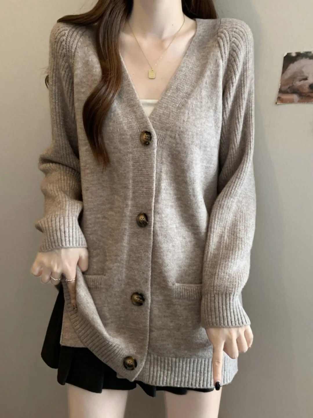 

Retro V-Neck Knitted Open Cardigan Sweater Women's Spring Autumn plus Size Loose Long Casual Top Comfortable Soft Korean Style