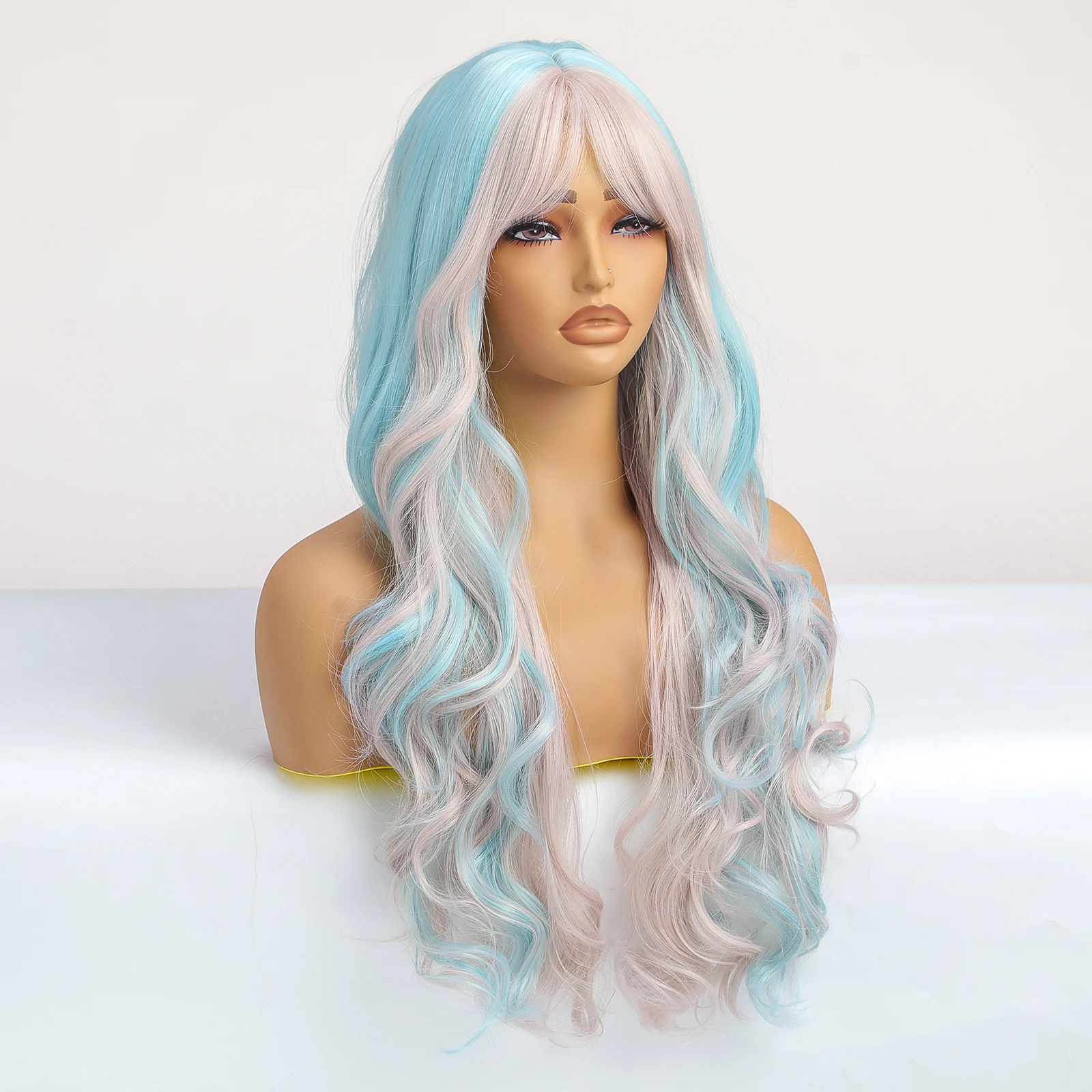 Long Curly Cosplay Synthetic Wigs Blue Mixed Pink Colorful Halloween Wig with Bangs Natural Wave Party Lolita Wigs for Women Use