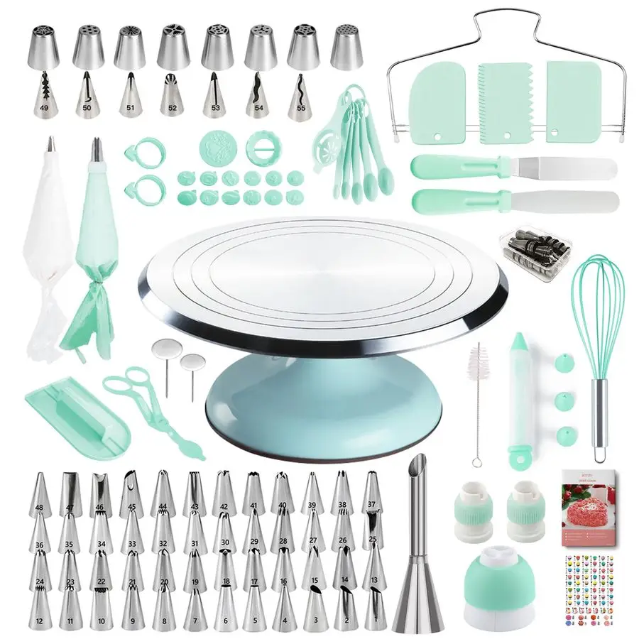 

Набор для украшения тортов, 138 предметов, с 12-дюймовой алюминиевой вращающейся подставкой для торта, 64 номерными насадками для кондитерских украшений, 2 лопатками.