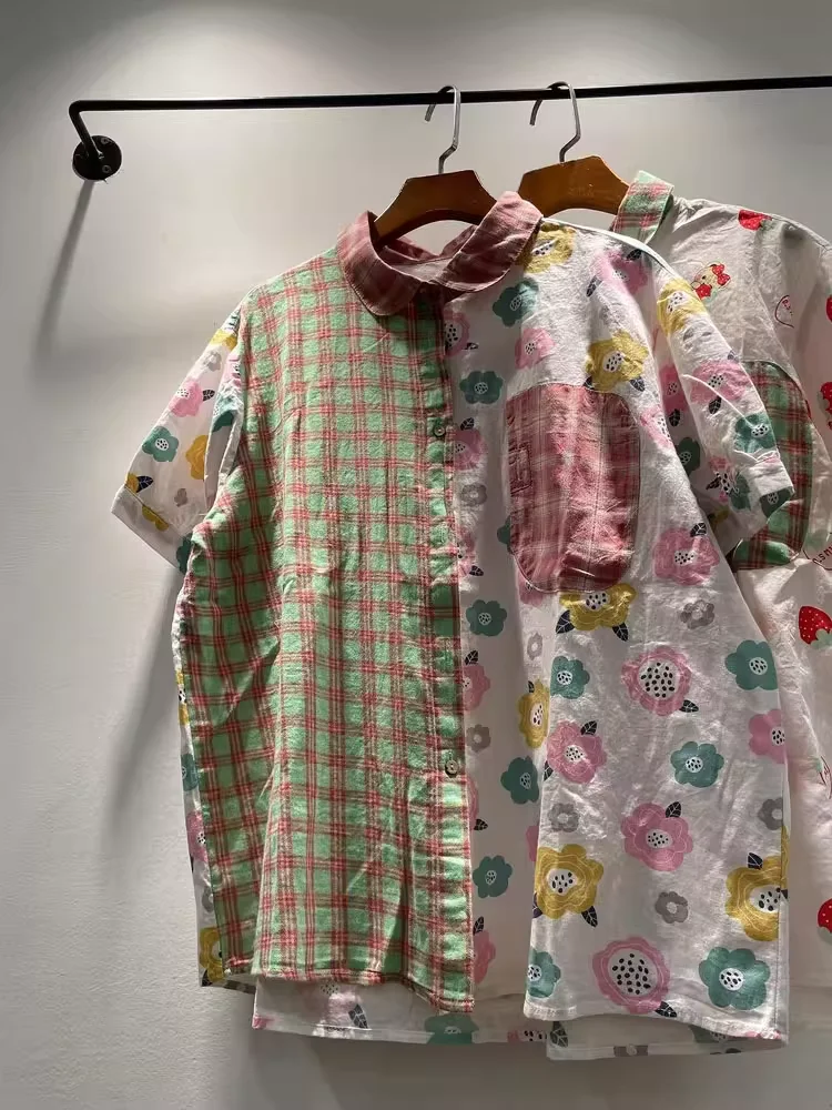 2025 ญี่ปุ่น vintage เสื้อผ้าผ้าฝ้าย 100% การ์ตูนผลไม้ลายสก๊อต patchwork เสื้อแขนสั้นผู้หญิงฤดูร้อนเสื้อผ้าน่ารัก