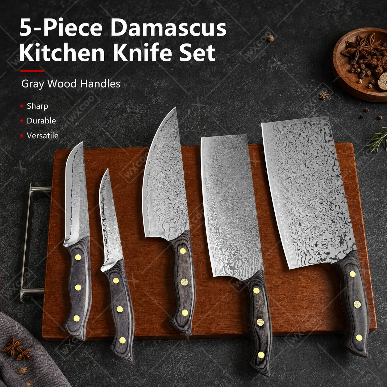 WXCOO Damascus Steel Knife Japanese Chef Knives Cleaver Nakiri Boning Utility Sharp Razor Edge with Wood Handle for Cooking