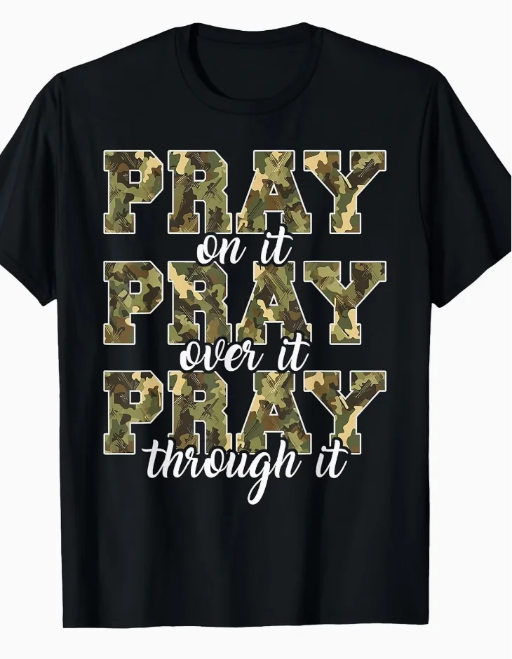 Pray on It Pray Over It Camo Christian T-Shirt Graphic Tee Over It Bible Verse Loose Fit Short Sleeve Round Neck, All-Seaso