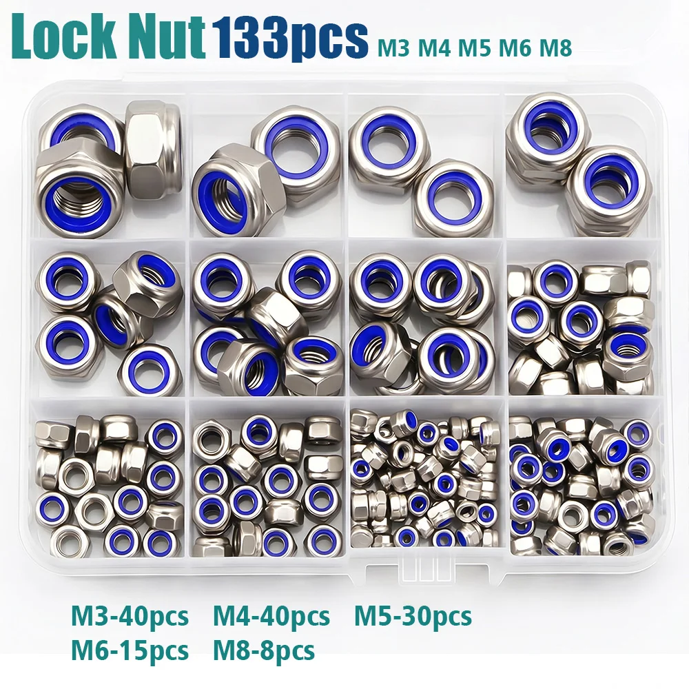 133pcs Stainless Steel Nylon Insert Lock Nuts M3-M8, Built-in Nylon Ring, Effective Vibration Resistance and Anti-Loosening