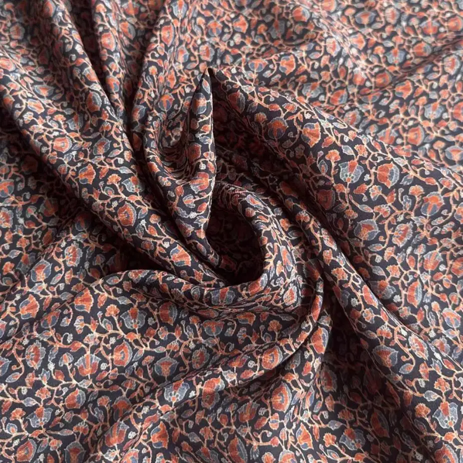 1 meter 100% Mulberry Silk 16 momme Crepe Silk Black Small Floral Printed 136cm 53\