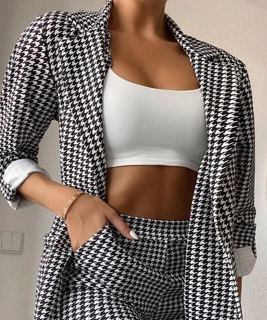 Setelan Mantel & Celana Pendek Lengan Panjang Motif Houndstooth Wanita Pakaian Blazer Elegan Wanita Fashion Baru untuk Perjalanan Temperamen