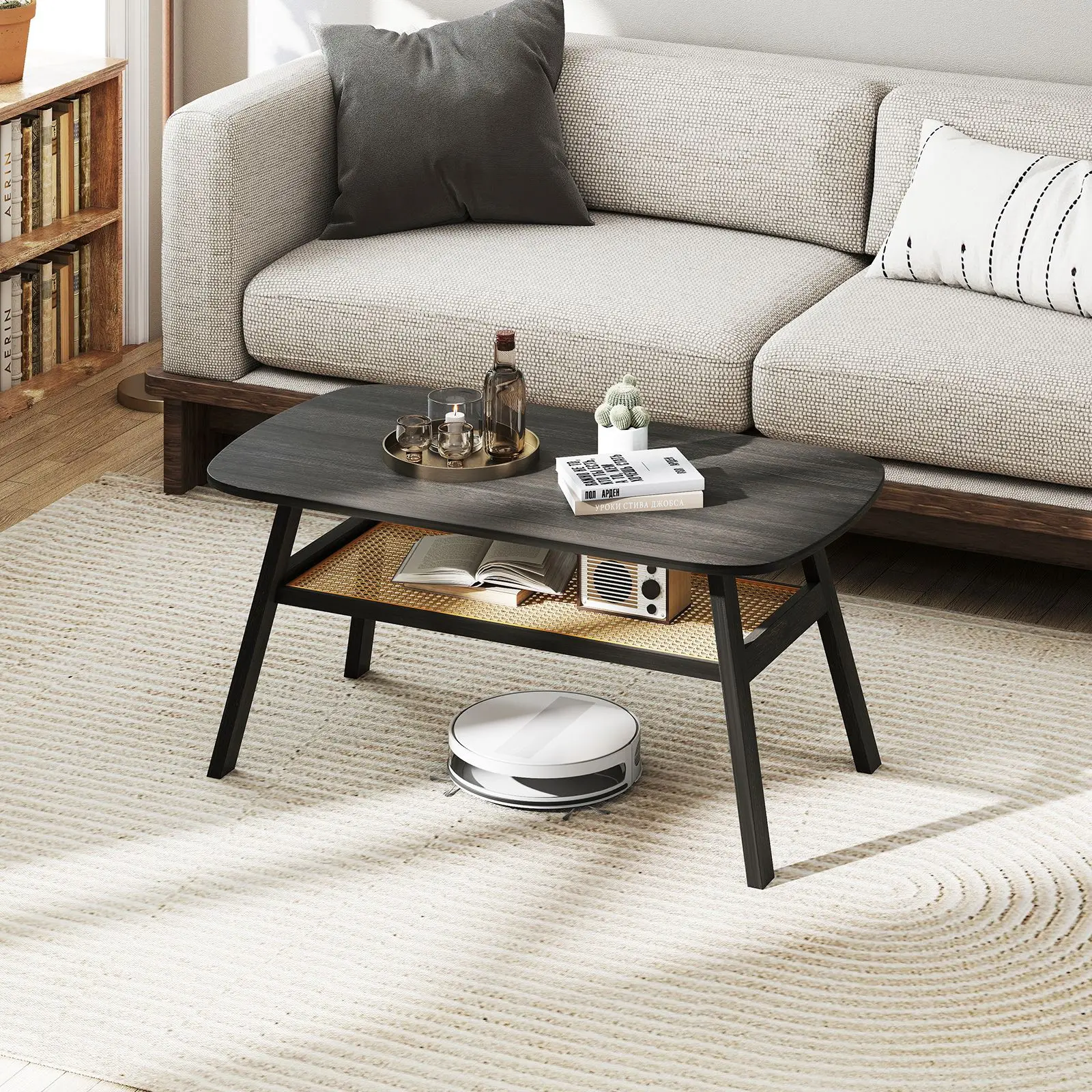 2-Tier Rectangular Center Coffee Table with Rattan Storage Shelf and Rubber Wood Legs