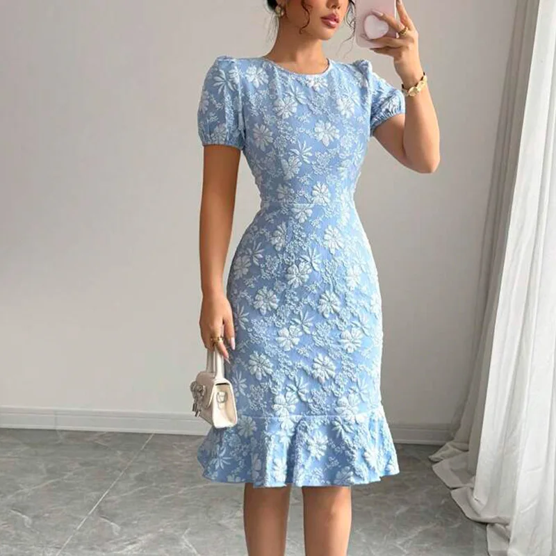 

2026 Summer New Dresses Elegant O-neck Flower Short Sleeved Slim Fit Fish Tail Dress Blue Color Print Slim Casual Commuter Dress