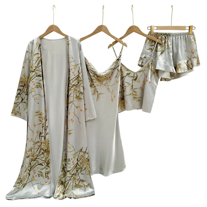 Print Bathrobe Gown Suit Summer 4PCS Pajamas Set Women Sexy Kimono Strap Top&Shorts Sleepwear Satin Home Wear Robe Nightgown