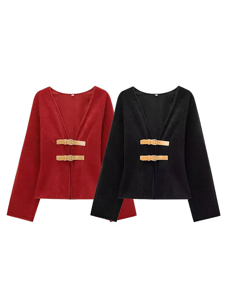 HH 2024Female Autumn Fashion Casual Coats Long Sleeves Belt Decoration Cardigan Solid V-Neck Slim 2-Colors Elegant Retro Top