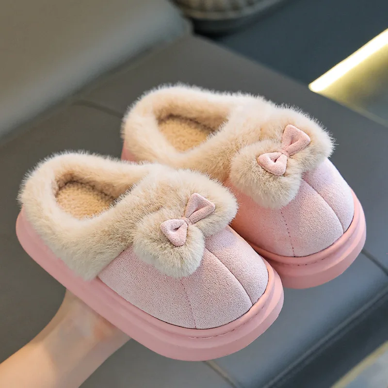 Bow Children's Cotton Slippers Winter New Style Indoor Thick-soled Non-slip Warm Plus Velvet Cotton Slippers for Boys and Girls