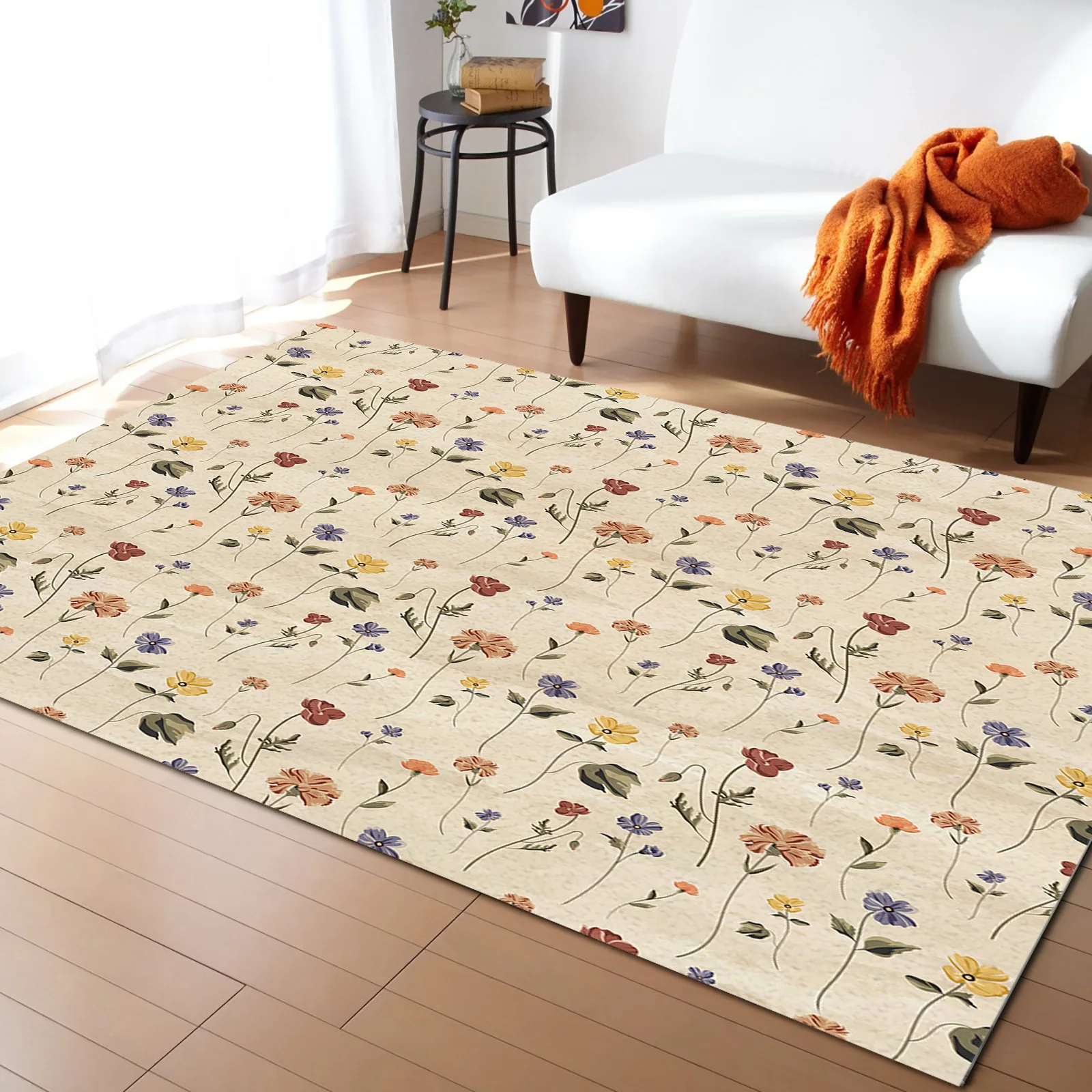 

Retro Floral Tile Pattern Living Room Floor Mat Children's Room Bedroom Bedside Carpet Kitchen Door Mat