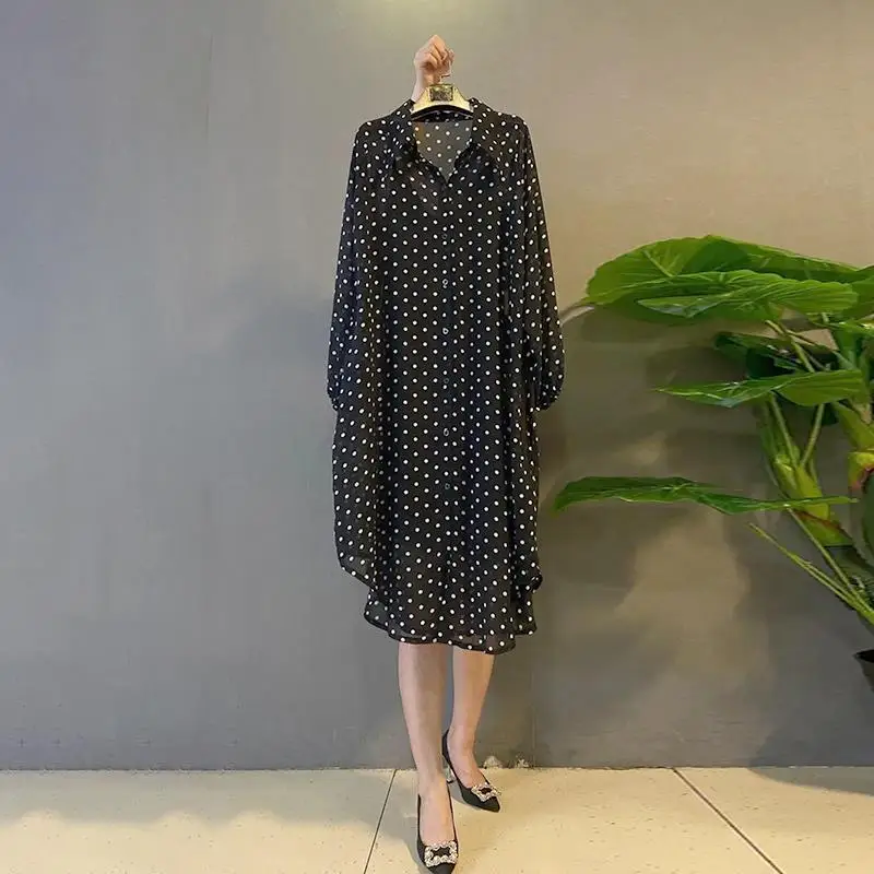 Streetwear Stylish Printed Dresses Spring Autumn Long Sleeve Female Clothing Commute Button Turn-down Collar Straight Midi Dress