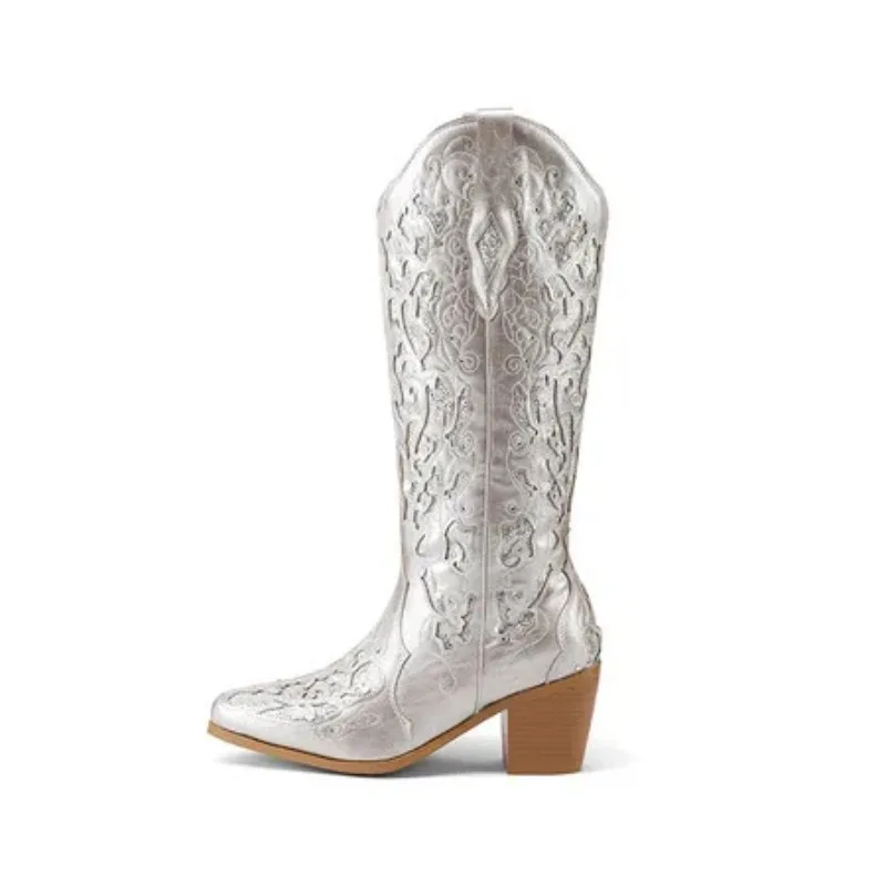 Bling Crystals Retro Western Cowboy Knee-high Boots for Women 2025 Sewing Floral Cowgirl Shoes Boots