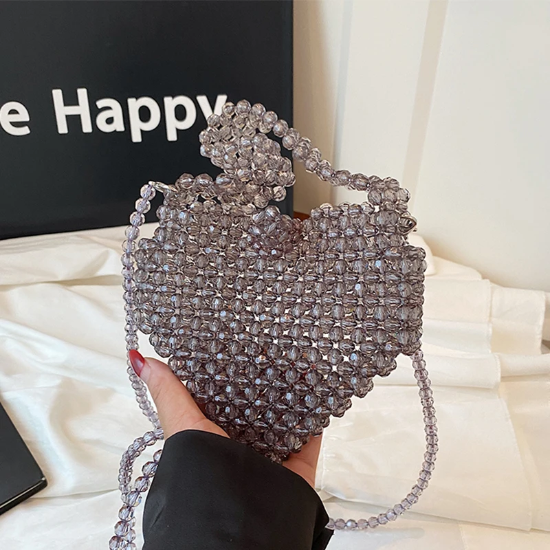

Клатч с кристаллами, плетеная сумка ручной работы с бисером, 2024, роскошный свадебный кошелек, милая сумка через плечо в форме сердца, женские сумки для помады