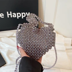 Crystal Clutch Bag Beading Handmade Woven Handbag 2025 Luxury Wedding Purse Cute Heart Shape Crossbody Bag Lady Lipstick Bags