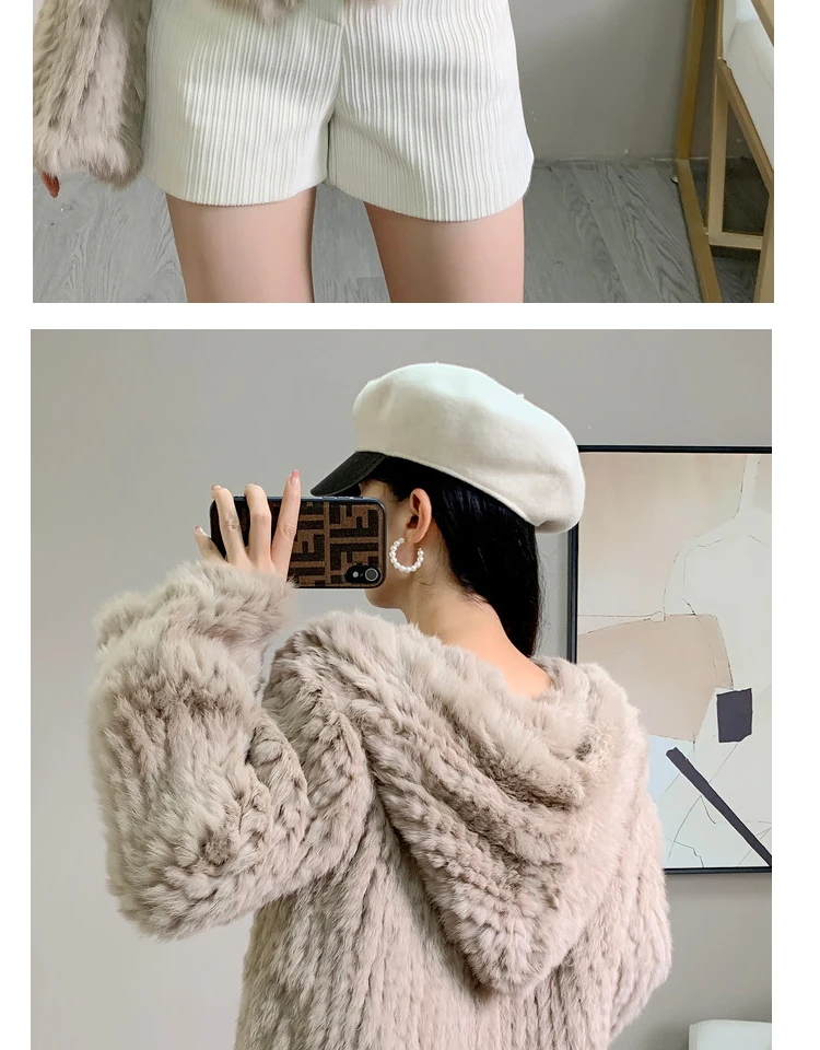 Long Sleeve Casual Loose Knitted Real Rabbit Fur Hooded Coat Women Genuine Natural Rabbit Fur Outwear Female Fur Jacket