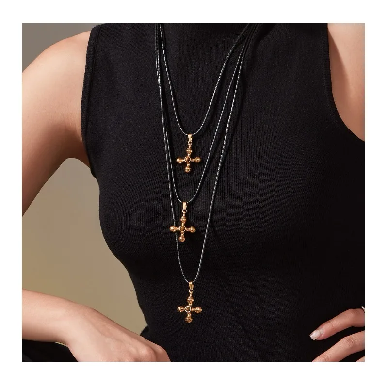 

Seattle Natural Tiger's Eye Cross Pendant Long Sweater Chain Stylish and Simple Pullable Leather Rope Necklace