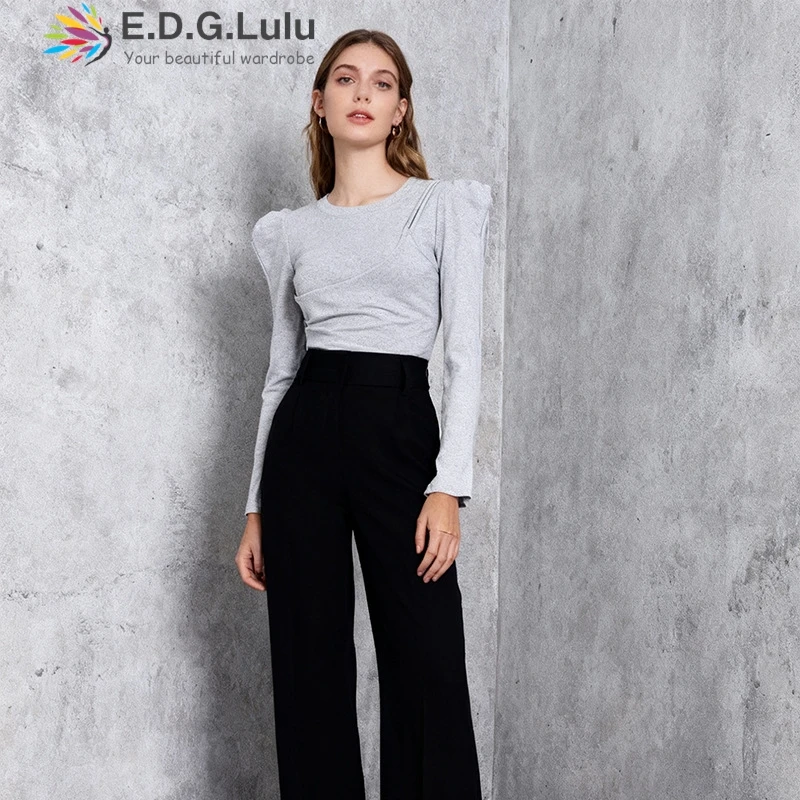 

EDGLuLu Fashion Long Sleeve T-Shirt Women's Slim Fit Stylish Design Round Neck Bubble Sleeves Flattering Top 2025 New 1025