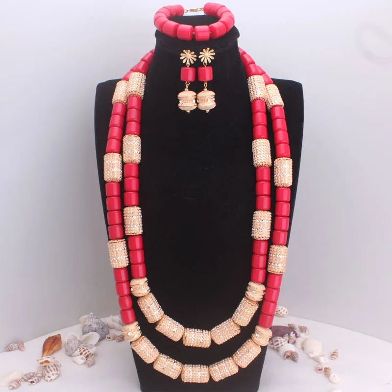 Dudo Nigerian Artificial Wine Coral Beads Jewelry Set For Women African Bridal Necklace Earrings Bracelet 2023 Long Design