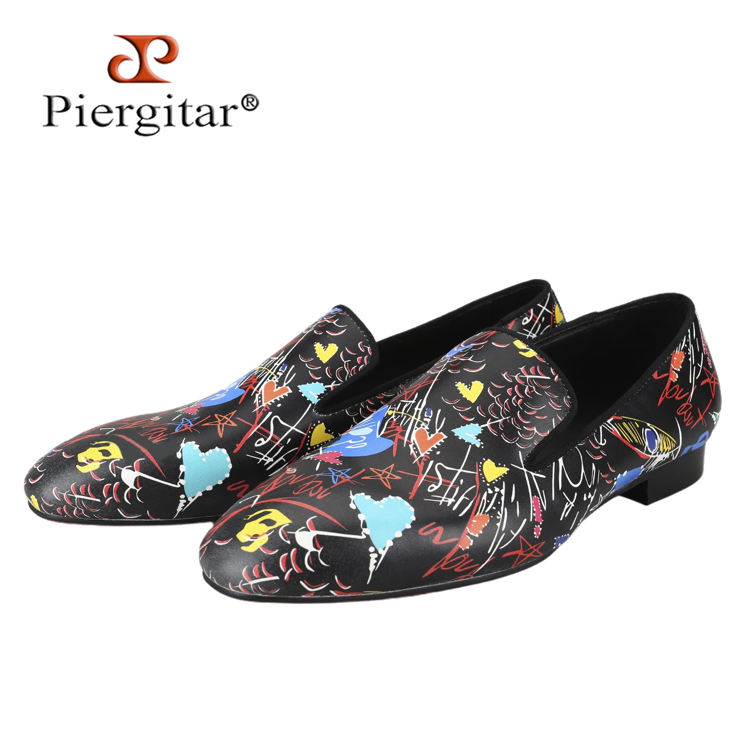 Piergitar Customized Graffiti Printed Of Black Leather Slip-On Loafers Luxury Brand CL Same Red Outsole Men's Smoking Slippers