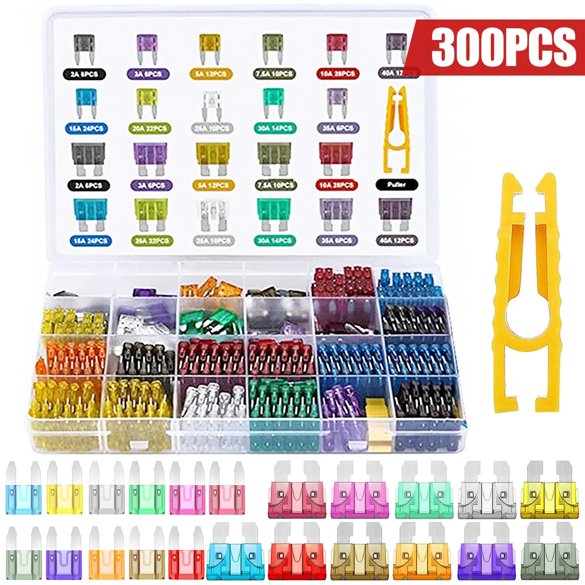 300pc Car Fuse Assortment Kit Multiple Colors Dustproof Durable 2/3/5/7.5/10/15/20/25/30/35a with Box Blade Type Fuse Assorted