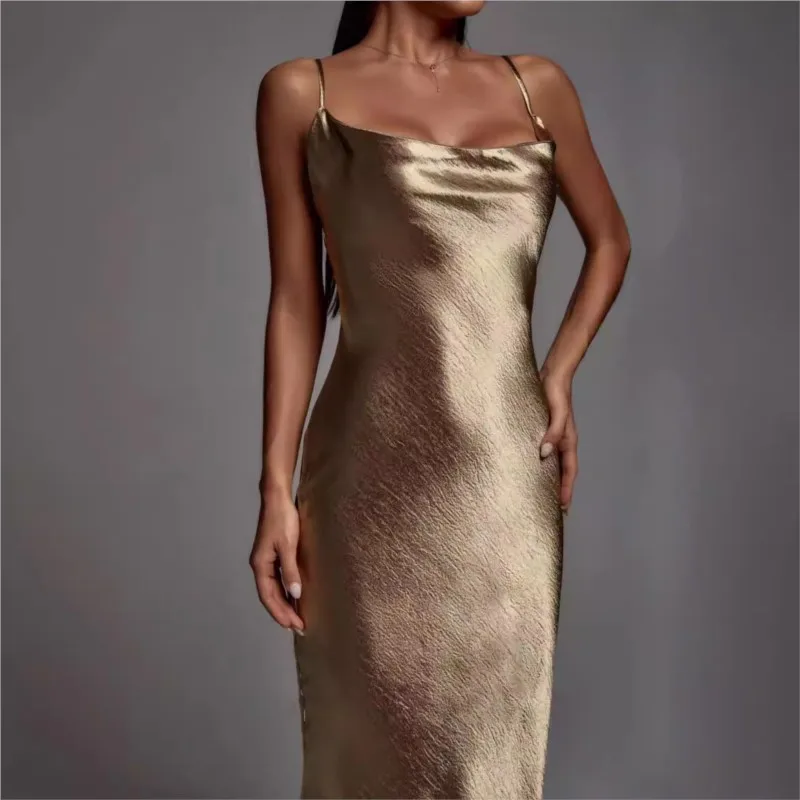 Sexy cetim sem costas rendas até sem mangas suspender vestido sólido feminino na primavera verão 2025 elegante moda festa vestido de noite