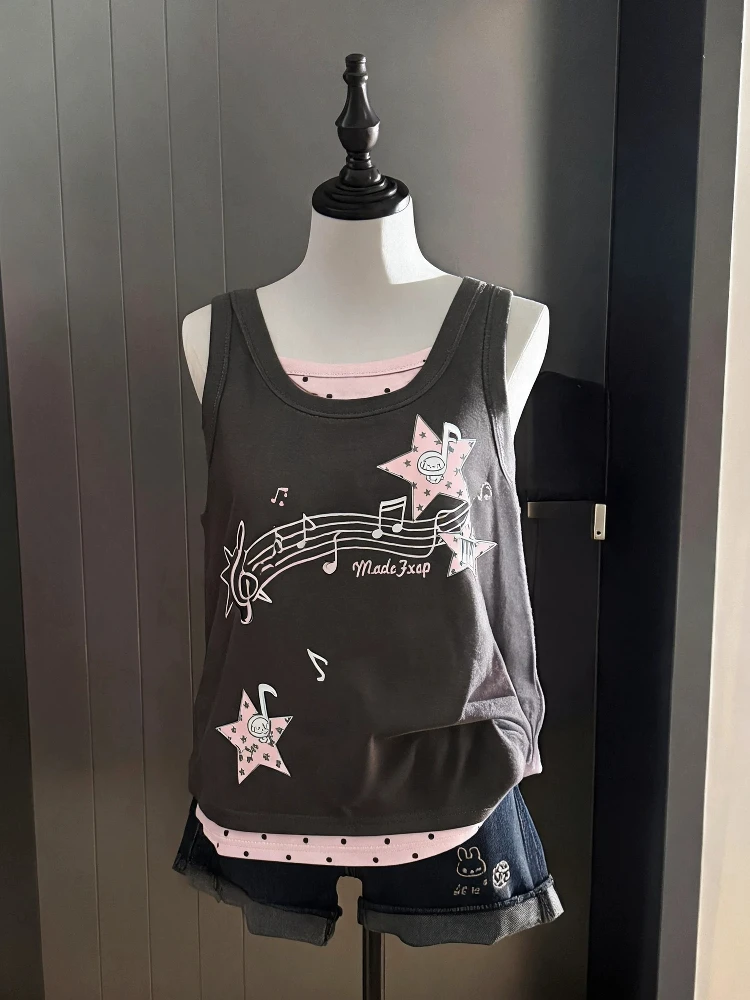 Y2K Subculture Star Note Print Patchwork Fake Two Piece Tank Tops Women Sweet Aesthetic Casual Fashion Loose Sleeveless T-Shirts