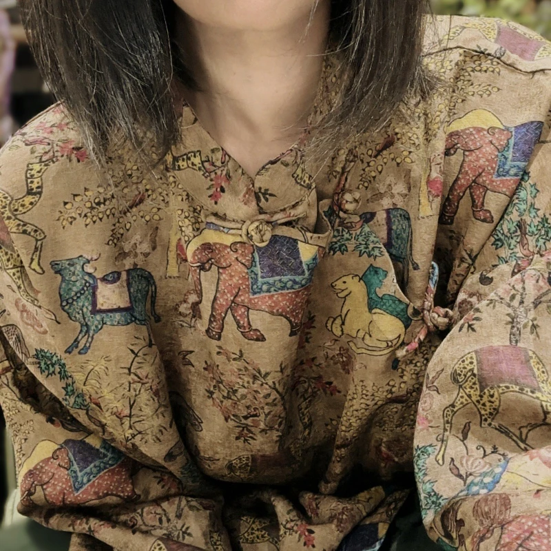 

Women Vintage Print Floral Chinese Side Handmade Button Loose 2025 New Autumn Stand Collar Long Sleeve Ramie Split Clothes Tops